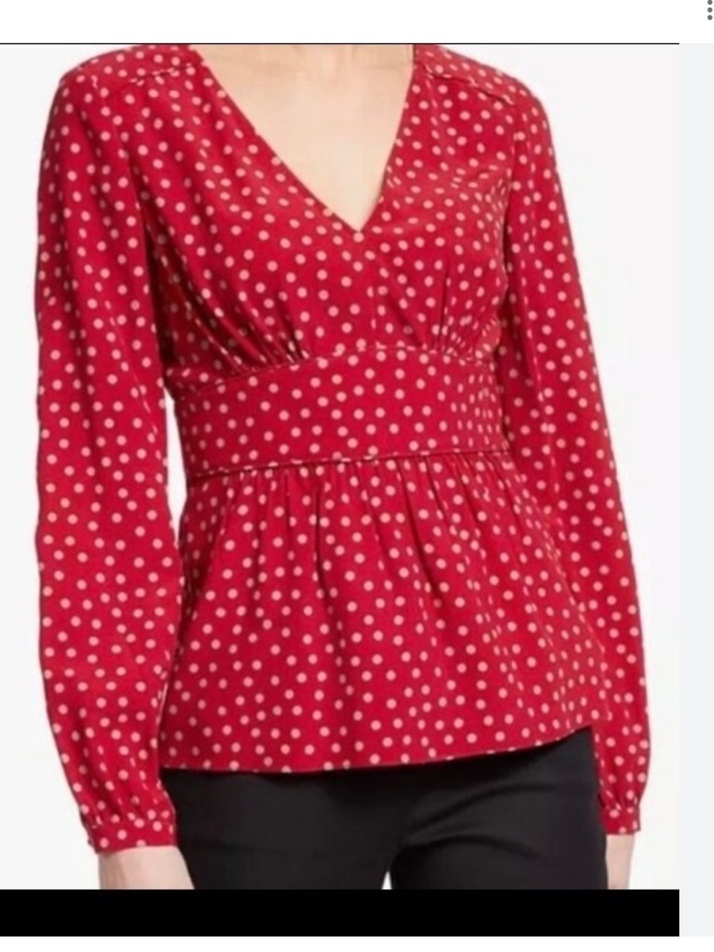 Boden Women's Red V-Neck Long Sleeve Peplum Top with Cream Polka Dots Size 2 R